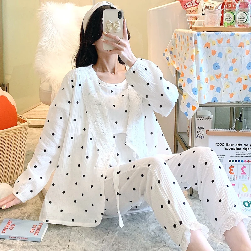 100% Cotton Thin Light Gauze Maternity Nursing Sleepwear Sets Dot Printed Robe Pajamas Suit Clothes for Pregnant Women Pregnancy