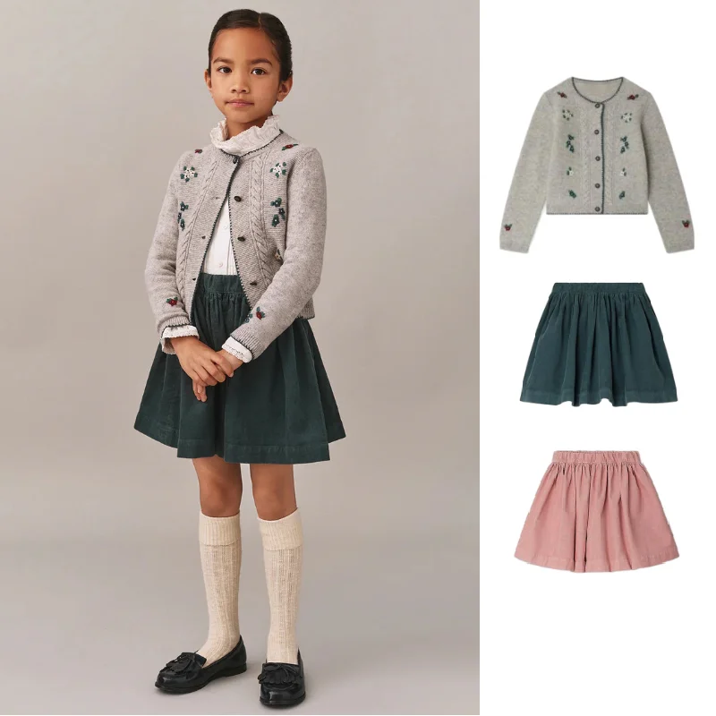 

Girls' Knit Sweater and Skirt Set 2025 Winter New Arrival Printed Fashion Children's Sweater Corduroy Pink Embroidered Skirt