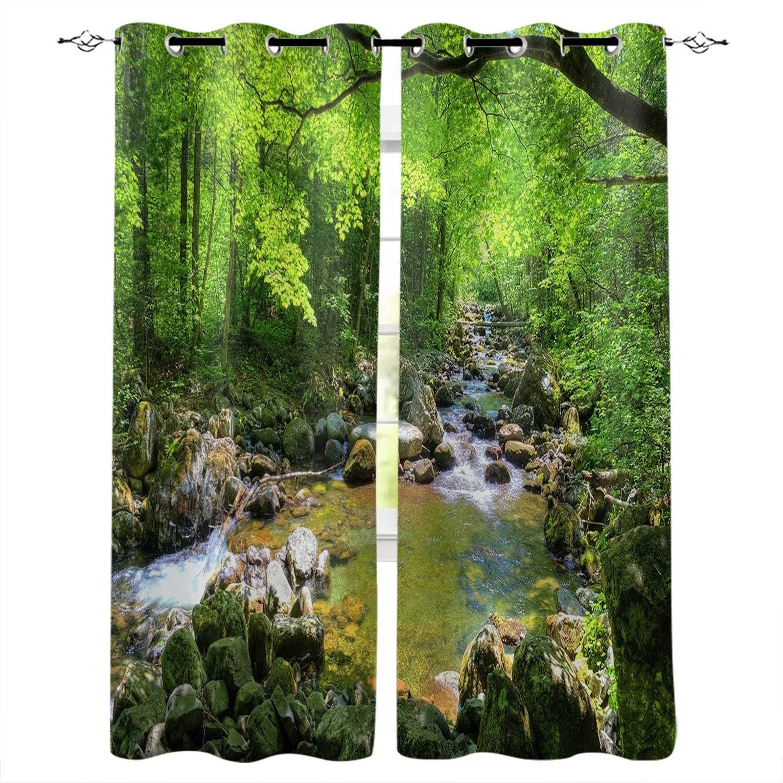 Green Forest River Rock Blackout Curtains Window Curtains For Bedroom Living Room Decor Window Treatments