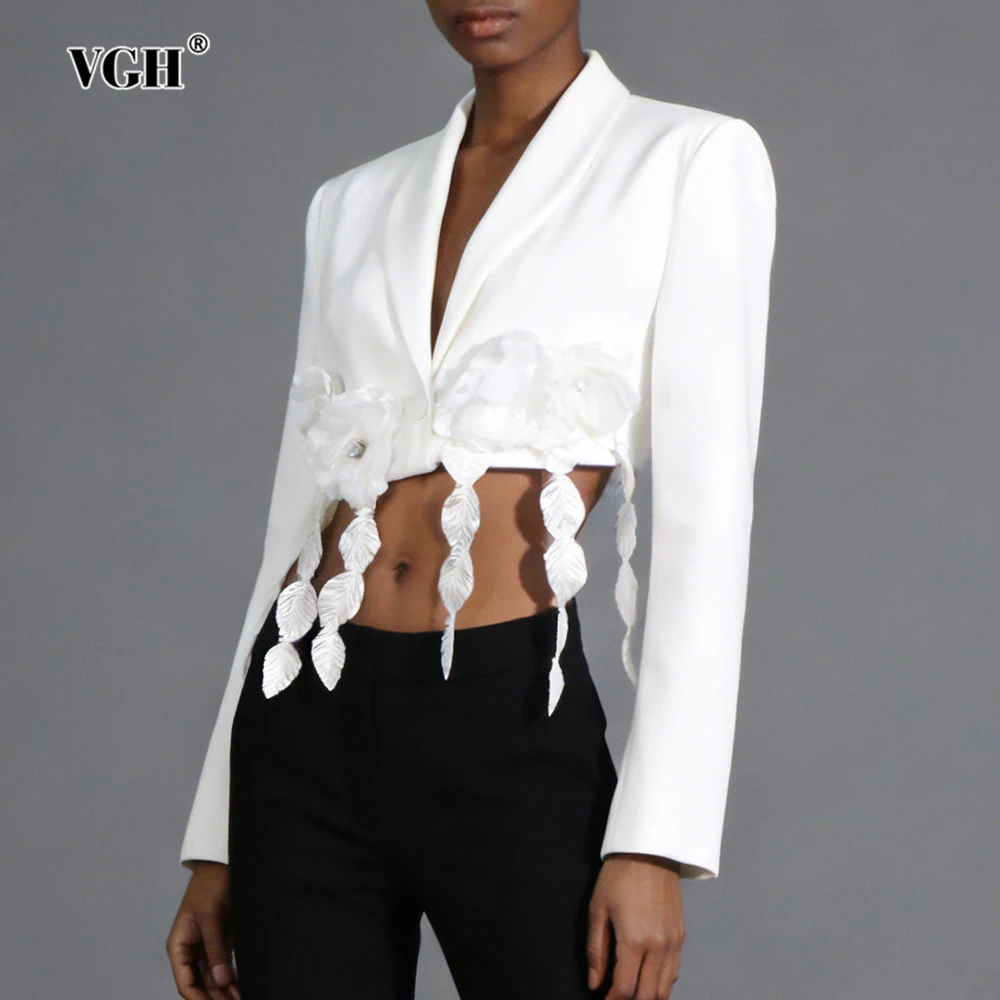 VGH Elegant Personality Solid Jackets For Women Lapel Long Sleeve Spliced Appliques Spring Casual Commute Jacket Female Fashion