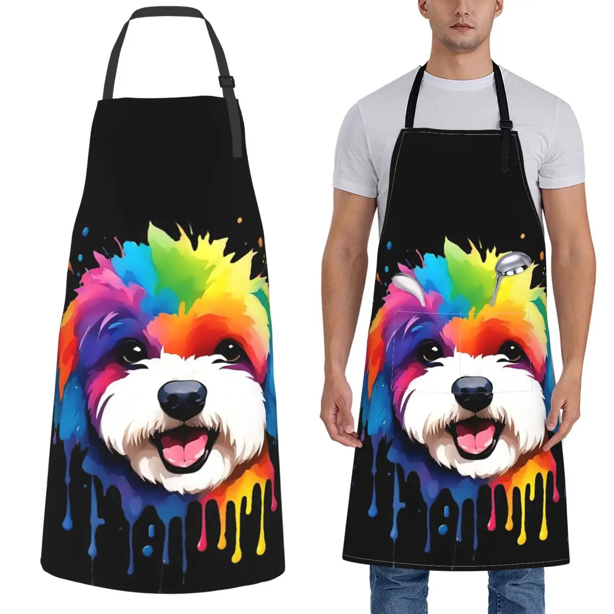 

Vibrant Rainbow Bichon Frise Dog Portrait Apron Chef Cuisine Tablier Waterproof Bib Kitchen Pinafore for Women Men Gardening