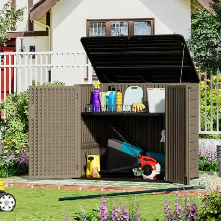 Large Outdoor Storage Shed for Patio Accessories, Trash Cans Garden Tools 48 Cu Ft Resin Horizontal Storage Box in Coffee, Dura