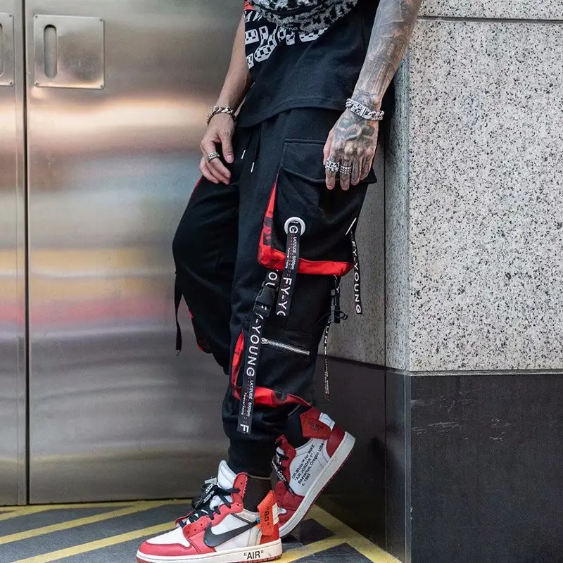 Men's Cargo Pants Casual Hip Hop Hit Color Multiple Pockets Trousers Streetwear Ribbons Techwear Sweatpants