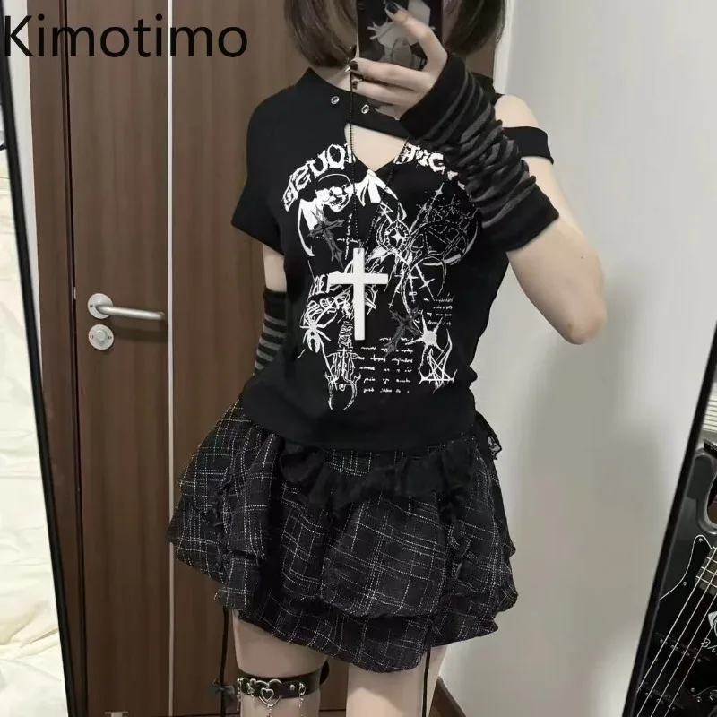 Kimotimo Dark Punk Skull Printed Crop Top Women Harajuku Y2k Aesthetic Slim Spicy Girl T-shirt Summer Vintage Street Gothic Tees