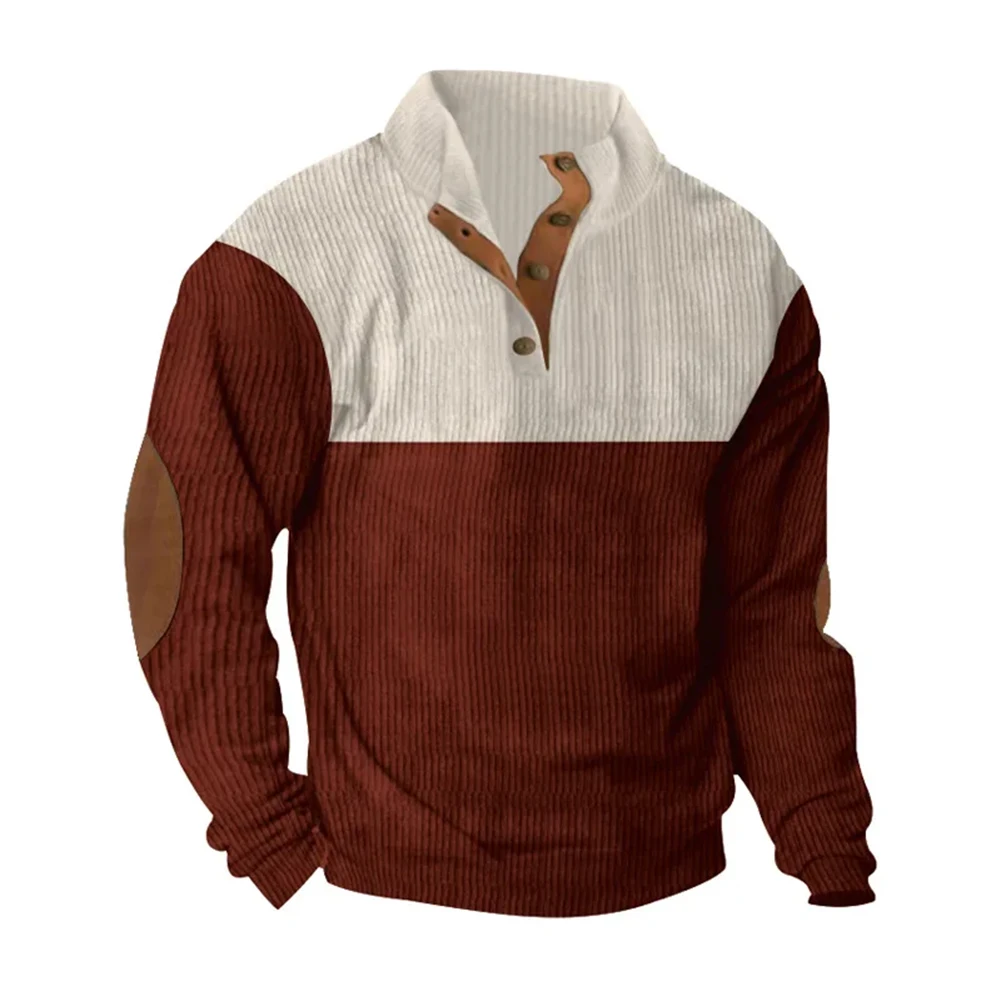 Mens Autumn Stand Up Collar Loose Corduroy Color Blocked Sweatshirts Fashion Top