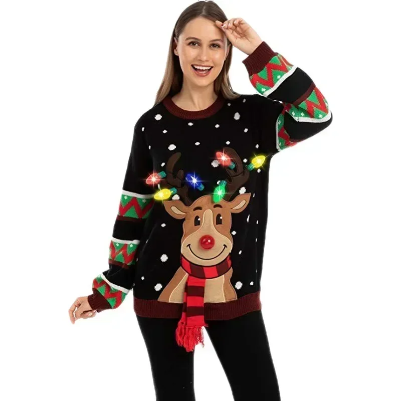 2024 Christmas Elk Knitted Sweater, Novel Christmas Atmosphere Sweater with LED Lights