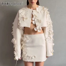 TWOTWINSTYLE Patchwork Appliques Two Piece Set For Women Round Neck Long Sleeve Coat High Waist Mini Skirt Elegant Sets Female