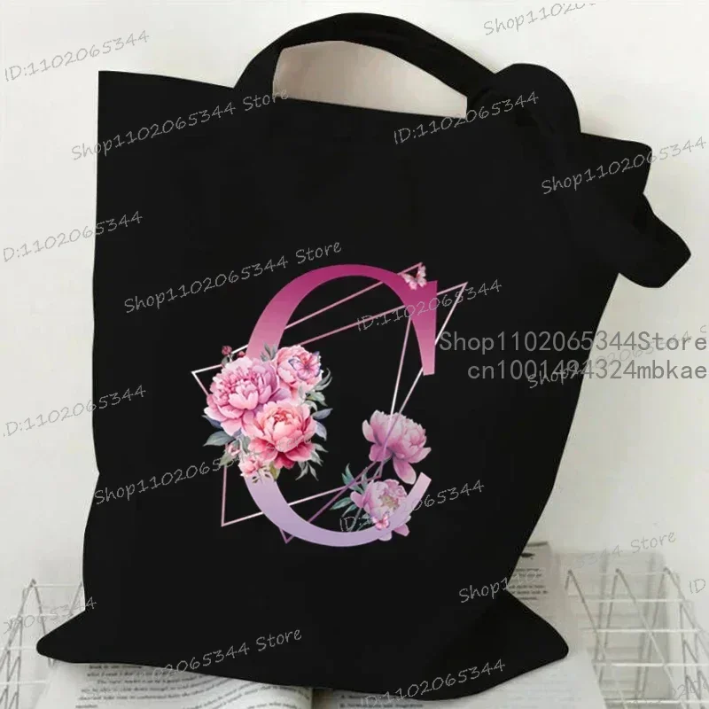 Paarse Bloemen Alfabet Patroon Retro Canvas Draagtas Vrouwen Mannen Herbruikbare Shopper Tas Harajuku Mode Brief Schouder Handtassen