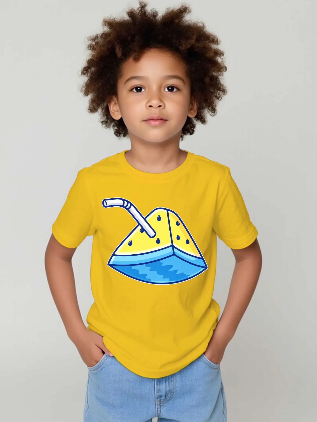 Cartoon Yellow Watermelon Slice Summer Fruit Drink Graphic Print T Shirt Family Matching Boys Girls Kids Short Sleeve Daily Tees