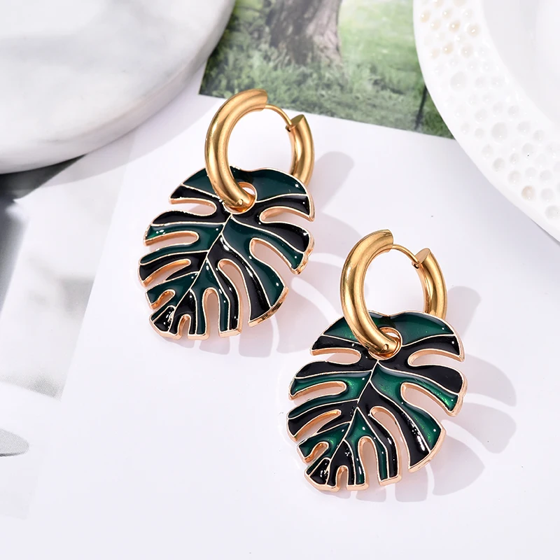 Heiße Bunte Große Blatt Anhänger Gold Farbe Edelstahl Ohrringe Für Frauen Schmuck Vintage Aussage Emaille Runde Creolen – Detail 9