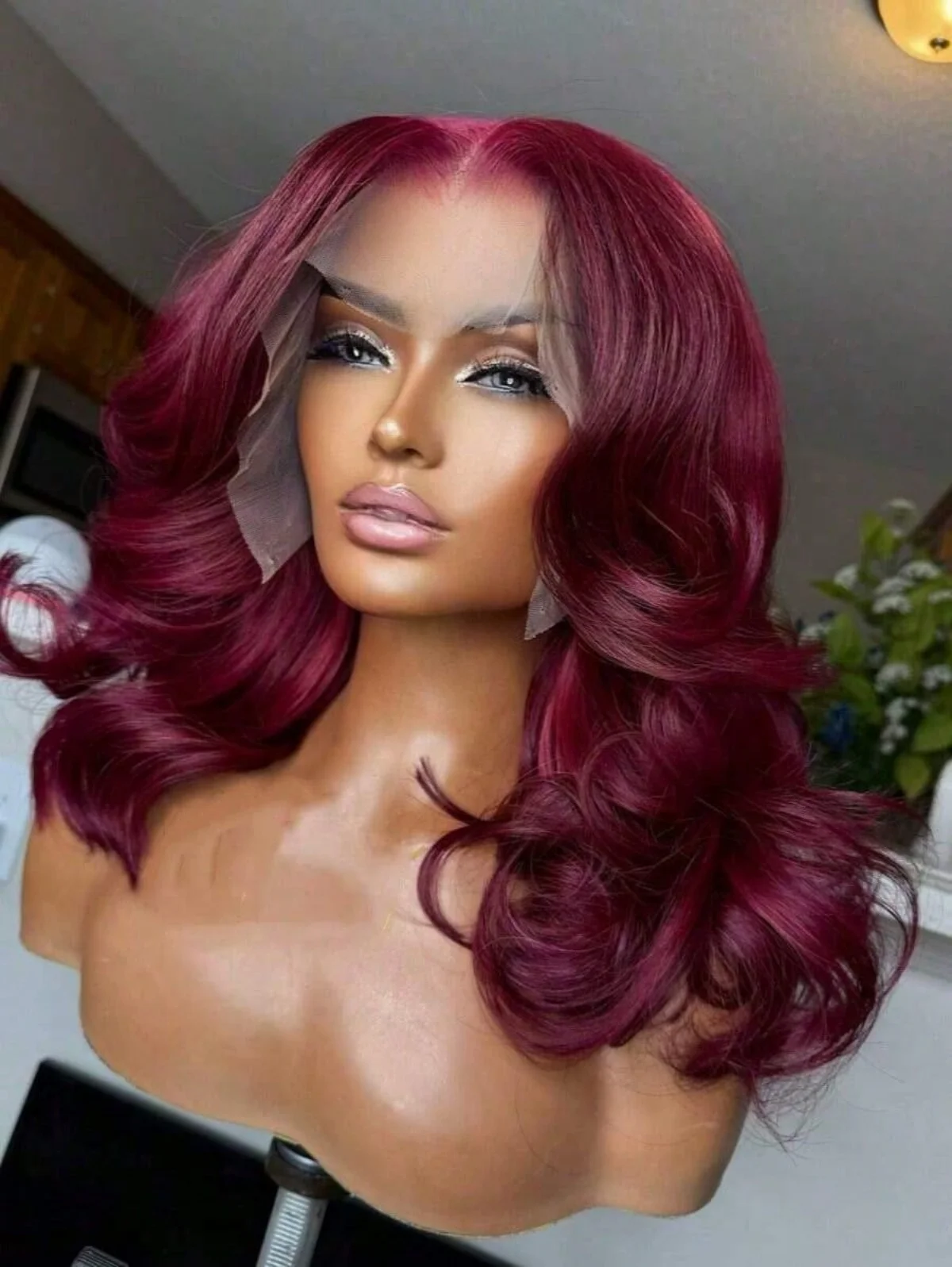 

Парик из натуральных волос Body Wave, бордовый, 13x4, 13x6, HD, с прозрачной кружевной передней частью, предварительно прорезанный, с детским волосом