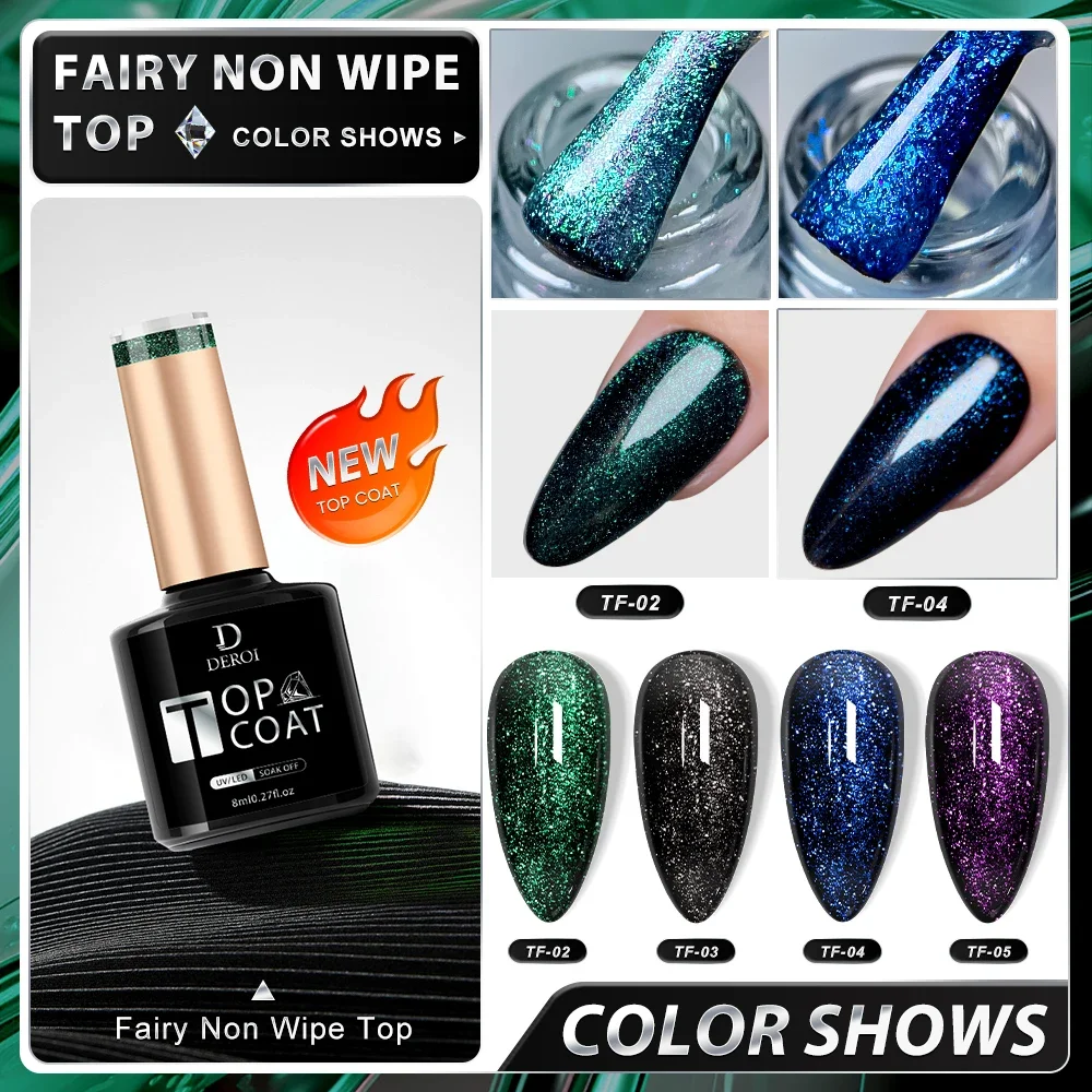 DEROI Glitter Geen Veeg Gel Top Coat Shine Topcoat Fairy Top Coat Vernis Losweken UV Ultra Wit Zwart Gel Polish Nail Art