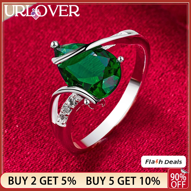 

URLOVER 925 Sterling Silver Shiny Water Droplet Green Zircon Ring For Women Rings Party Banquet Birthday Wedding Fashion Jewelry