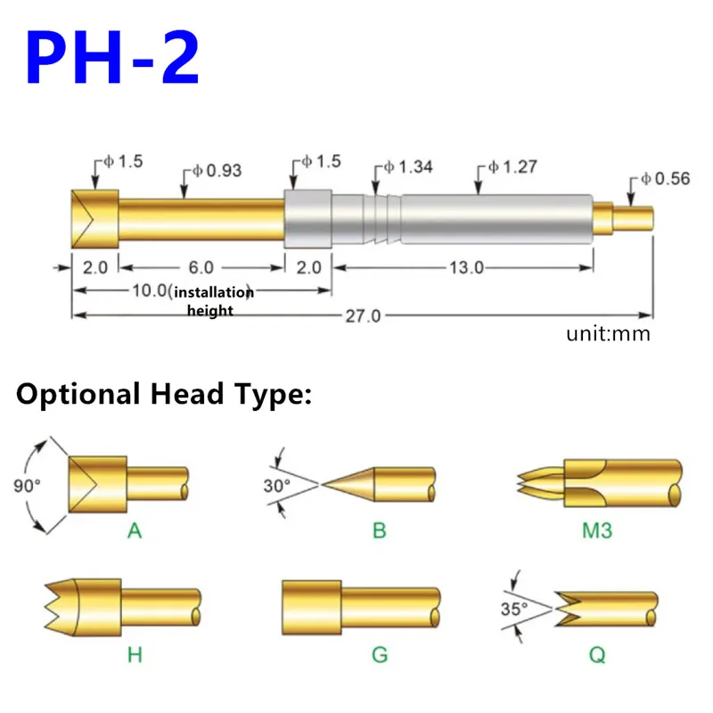 20/50PCS PH-2B 27mm Test Probe Needle Spring Test Pin Spring Pogo Pin Sharp Tip Sharp Head Integrated Needle PH-2b Test Tool