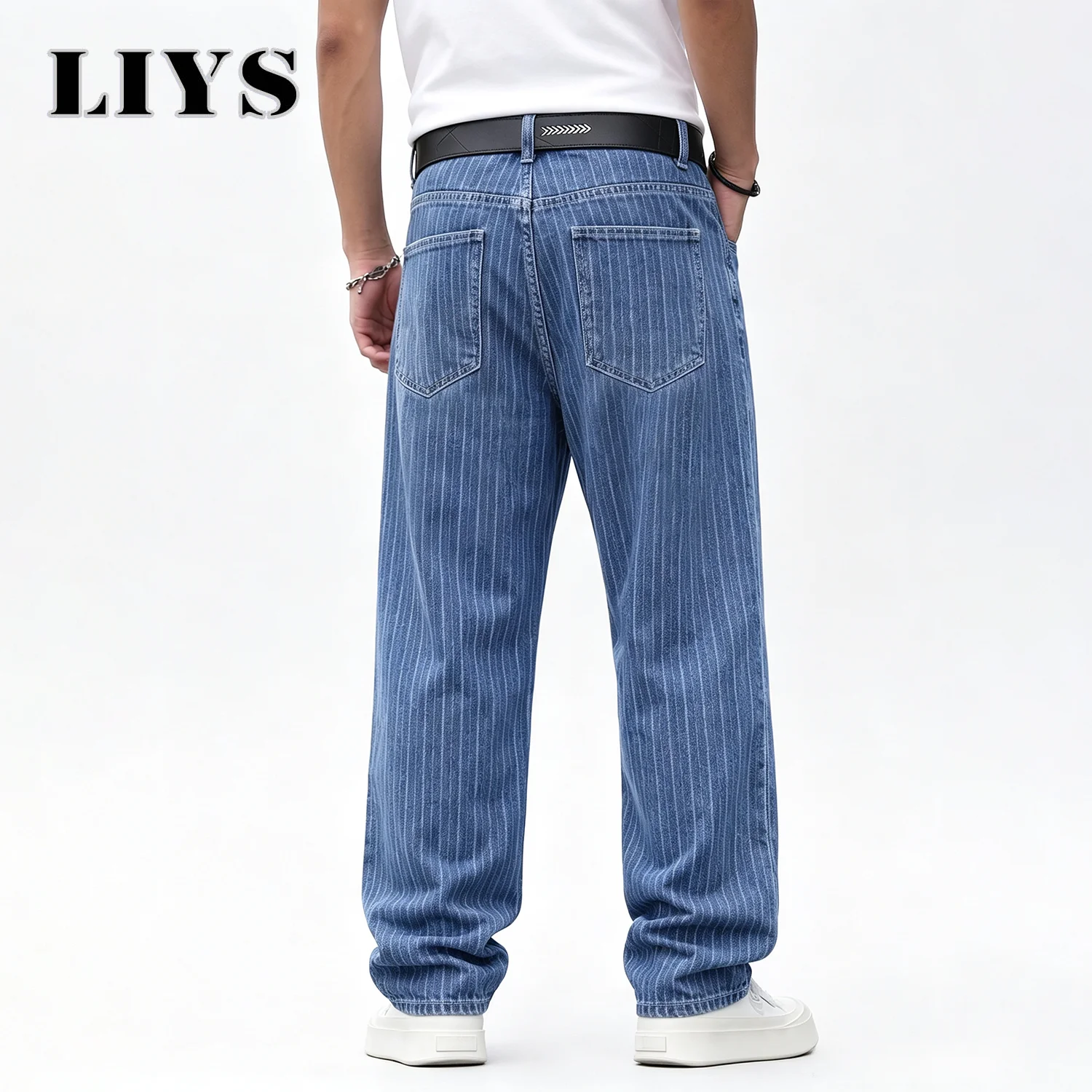LIYS Men Vertical Thin Stripe Jacquard Baggy Denim Pants Classic Blue Loose Wide Leg Straight Leg Vintage Washed Jeans ﻿