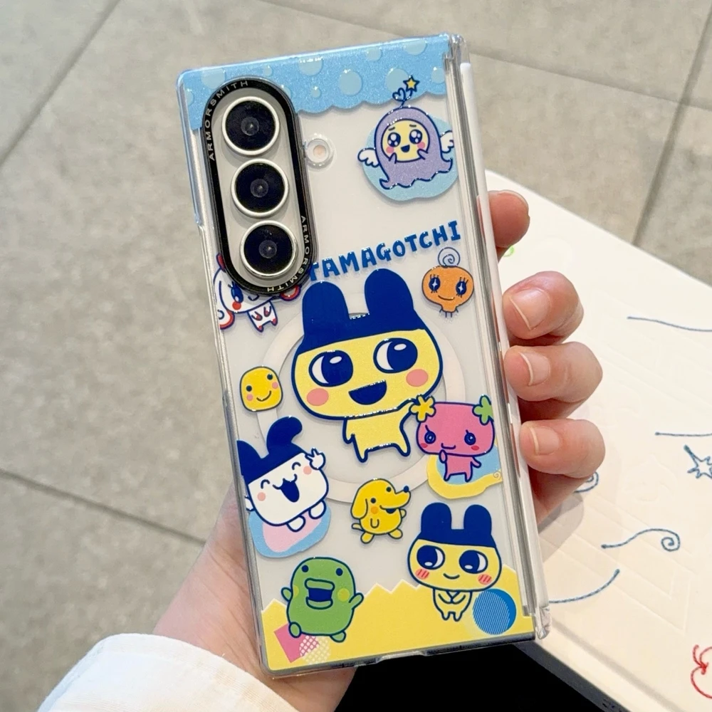 Cute Cartoon Tamagotchi Magnetic Holder Magsafe Wireless Charge Phone Case For Samsung Galaxy Z Fold 8 7 Ultra Clear Hard Cover