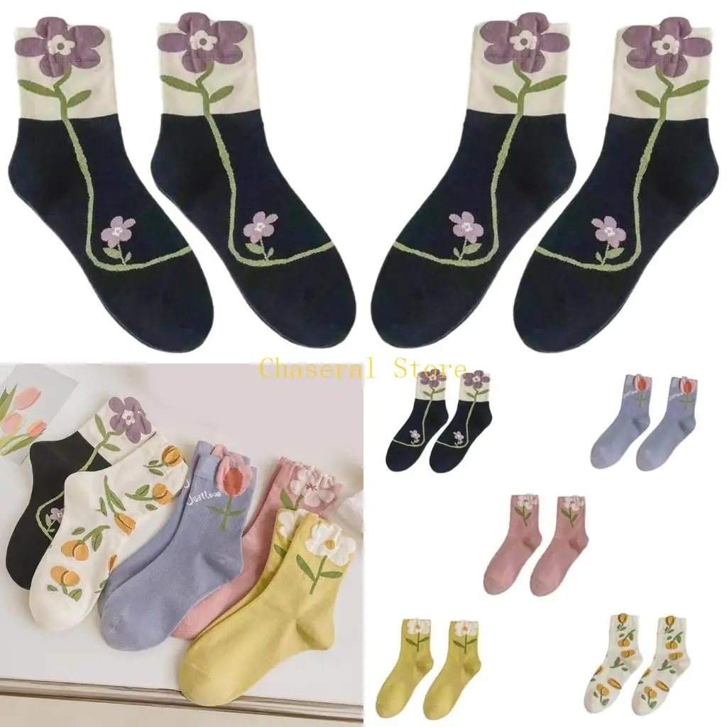 E7CE Flower Pattern Midcalf Socks For Women Student All Matching Middle Tube Socks