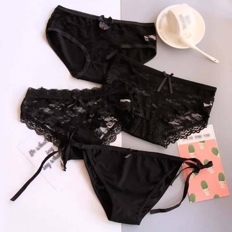 

4Pcs Black Lace Young Girls Panties Hollow Out Teen Brief Adjustable Waist Underpants Breathable Bow Youth Thongs