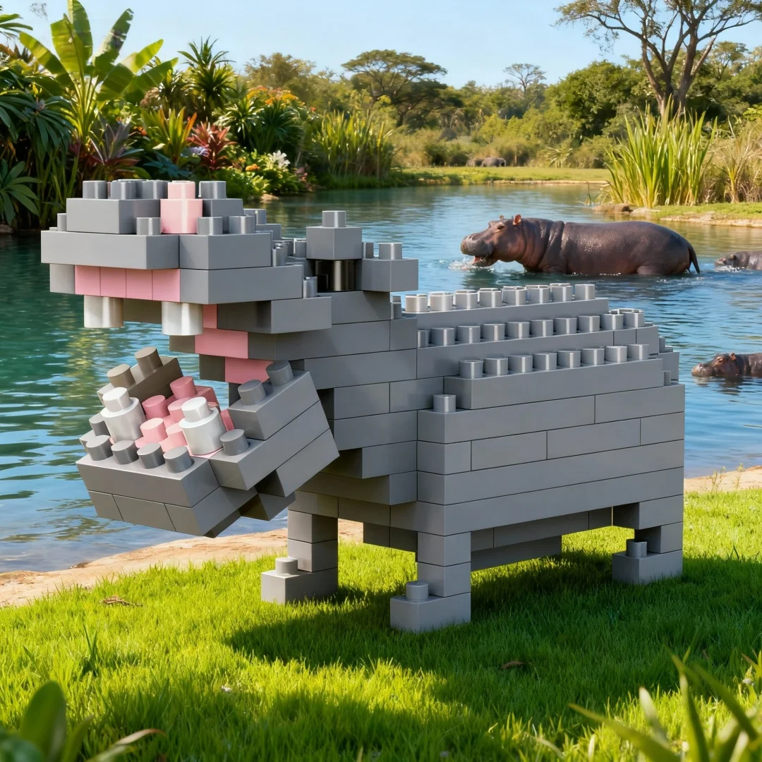 KNEW BUILT 3D Animal Model Elephant,Hippo,Lion,Leopard Micro Mini Building Block Toys-Create Zoo,Puzzle Assembly,Christmas Gifts