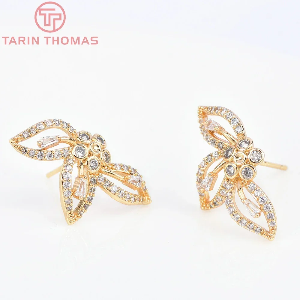 (5927) 2PCS 23x13.5MM 24K Gold Color Brass with Zircon Flower Stud Earrings High Quality DIY Jewelry Making Findings Accessories