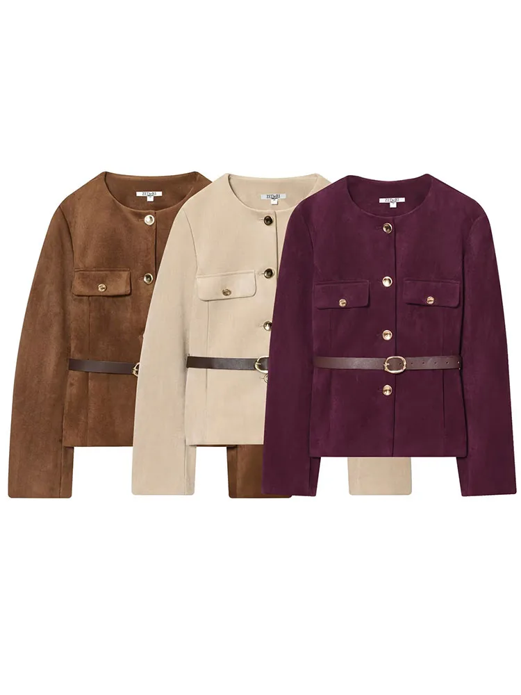 

Women's Suede Jacket 2025 Women Fashion Long Sleeve Button With Belt Jackets Women Autumn Winter High Street Short Coats