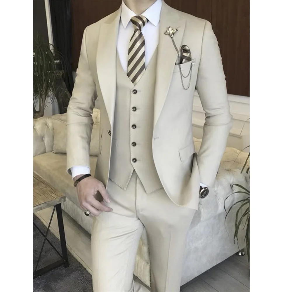 

Beige Full Men Suit Set Wedding Groom Custom Made Luxury Brands Male Jacket Vest Pants Slim Fit Prom Blazer Trousers Outfit 3pcs