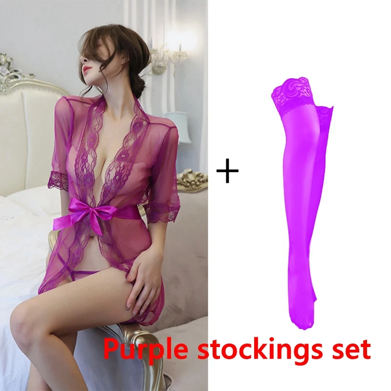 Bata de encaje Sexy, albornoces, bata de baño para dama de honor de boda, lencería, ropa interior para mujer, ropa de dormir, pijamas morados y negros para mujer