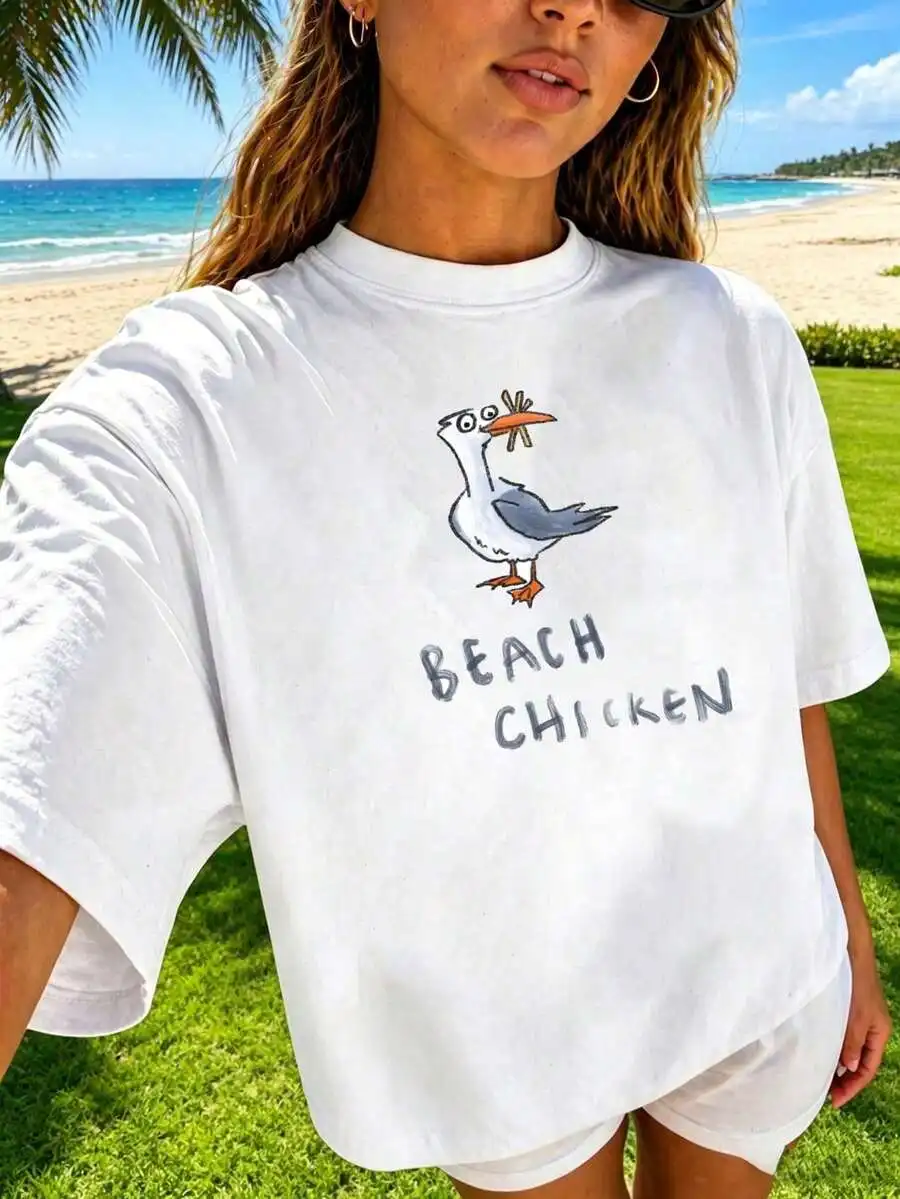 New Fashion Quirky Coastal Humor Print T-Shirt Apparel, Funny Beach Seagull And Chicken Doodle Graphic Drop Shoulder Round Neck Casual Short Sleeve Tee