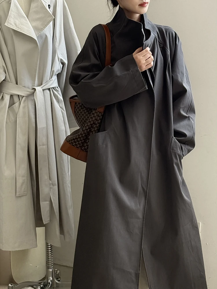 FANAN غير النظامية الوقوف الرقبة طويلة خندق للنساء حزام تجمع الخصر سترة واقية مكتب سيدة معاطف الإناث 2025 الخريف جديد