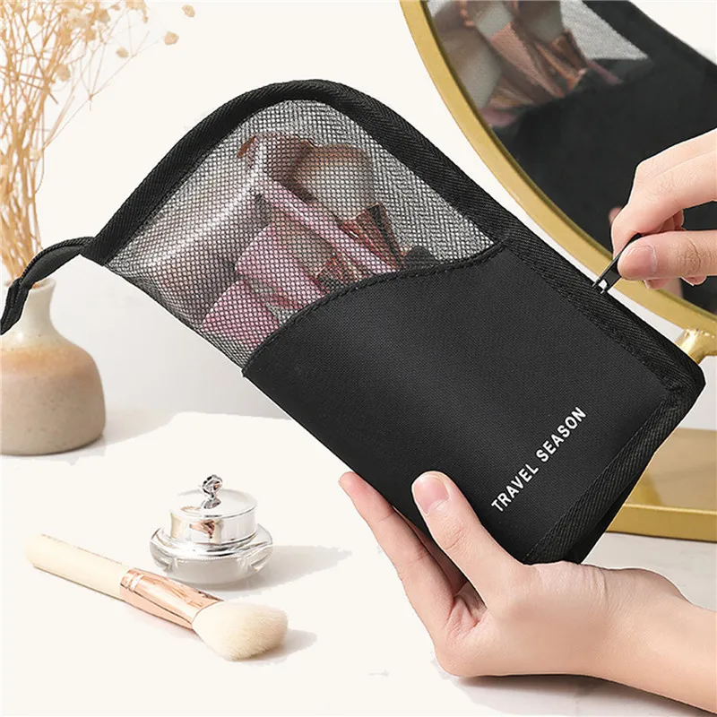 Makeup Brush Case Makeup Brush Holder Travel Waterproof Cosmetic Bag Stand-up Foldable Makeup Cup with Zipper (Black + Pink)