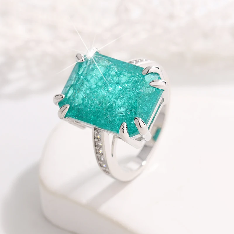 925 Silver Plated Exquisite Blue Green Paraiba Ring Sparkling Luxury Ring Female Party Birthday Jewelry Gift