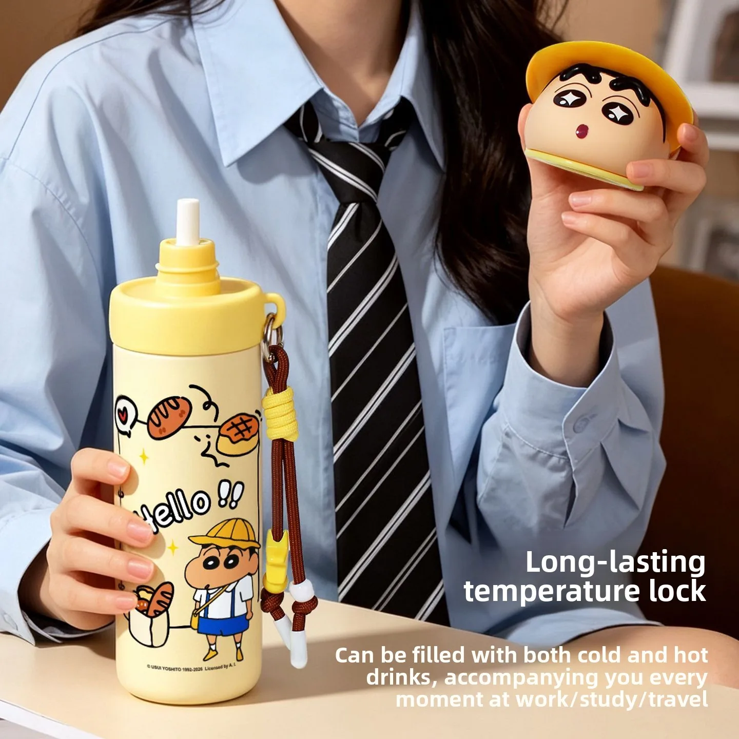 Taza Térmica de Acero Inoxidable 304 con Pajita, Diseño de Crayon Shin-chan, Muñeca de Dibujos Animados, Kawaii, Grado Alimenticio, Regalo al por Mayor de Accesorios de Animación