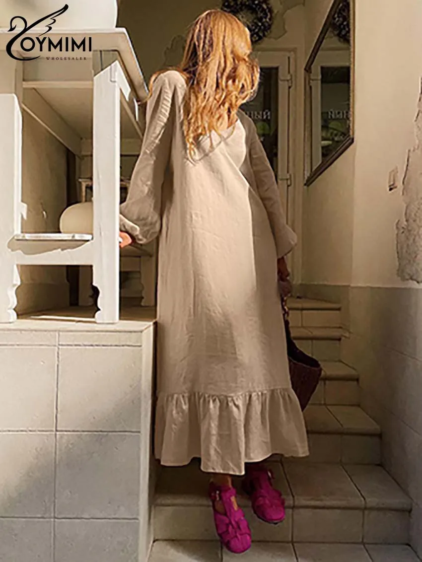 Oymimi Fashion Khaki Loose Women's Dress Elegant New V-Neck Long Sleeve Solid Dresses Casual Pleated Ankle-Length Dresses Female