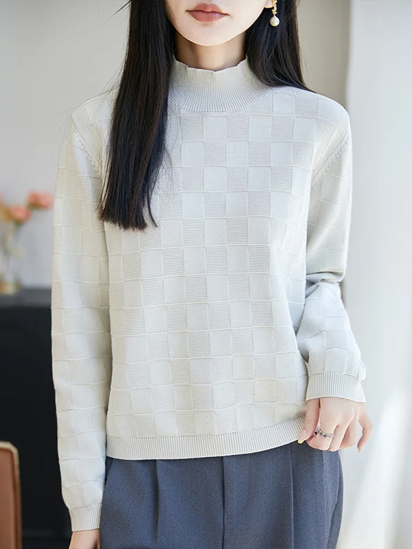 100% Pure Cotton Knitted Half High Collar Sweater Women's Seven Needle Thickened Warm Long Sleeve Base Shirt Versatile Loose ...