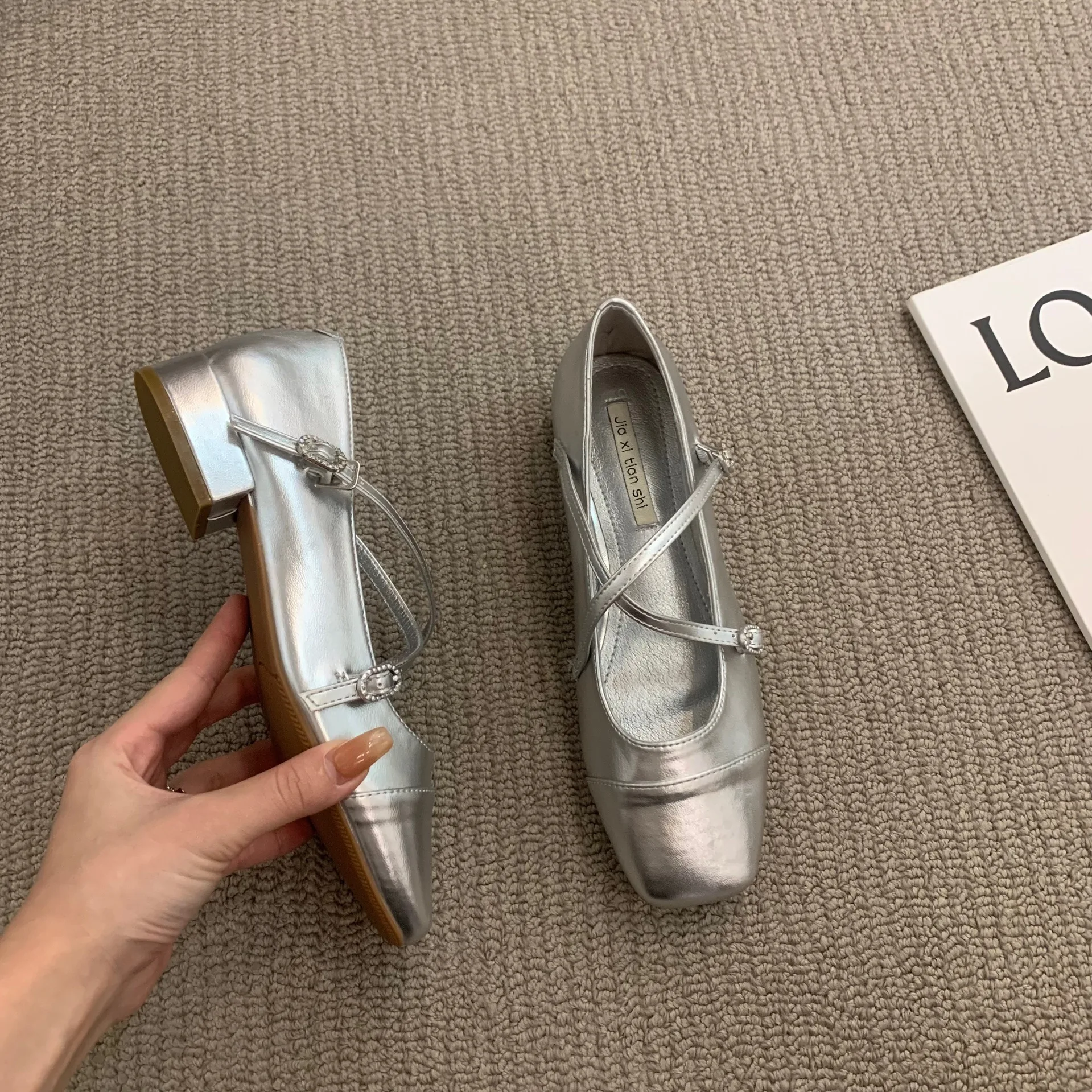 Thick Low Heels Women Pumps Cross Silver Mary Jane Square Toe Single Shoe Women\'s 2023 New Spring Solid Casual Buckle Loafers