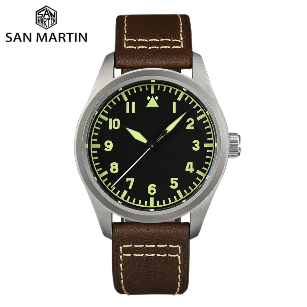 San Martin Pilot Titanium Military Enthusiast NH35 YN55 Automatic Mechanical Men Watch Leather Strap Waterproof Luminous SN0030T