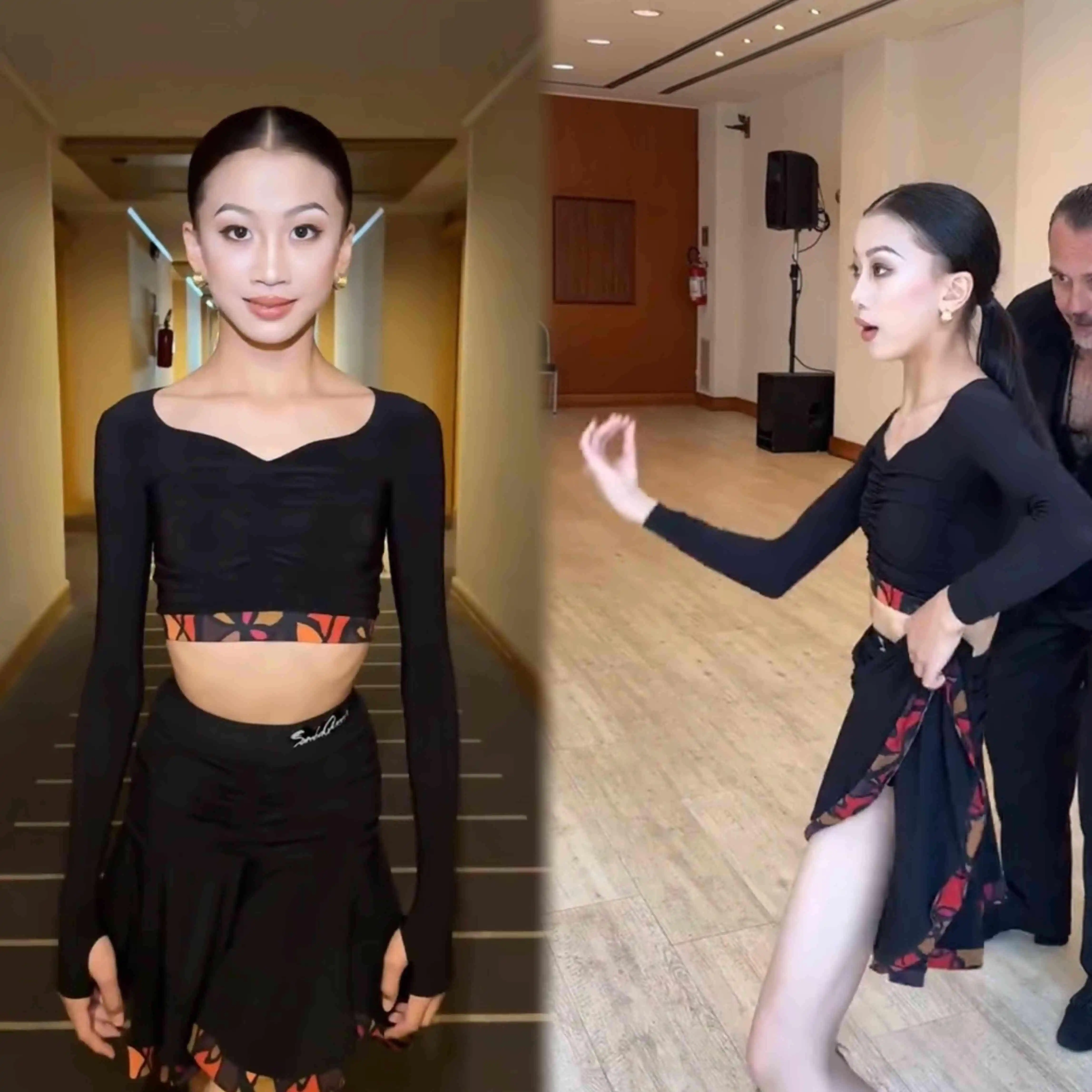 Bambini Abiti da ballo latino Ragazze Maniche lunghe Abito diviso Top neri Gonna Pratica Abbigliamento da allenamento Cha Cha Rumba Costume DNV24718