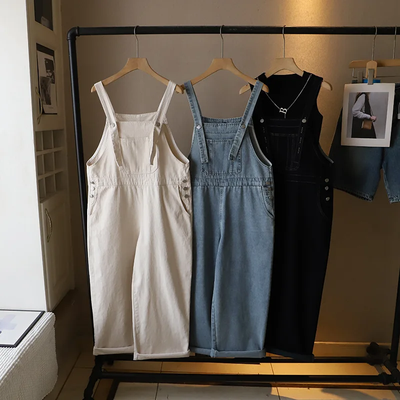 

Women Denim Jumpsuits Autumn Solid Color With Pocket Loose Rompers Korean Casual Fashion Simple Basic Spaghetti Strap Jeans