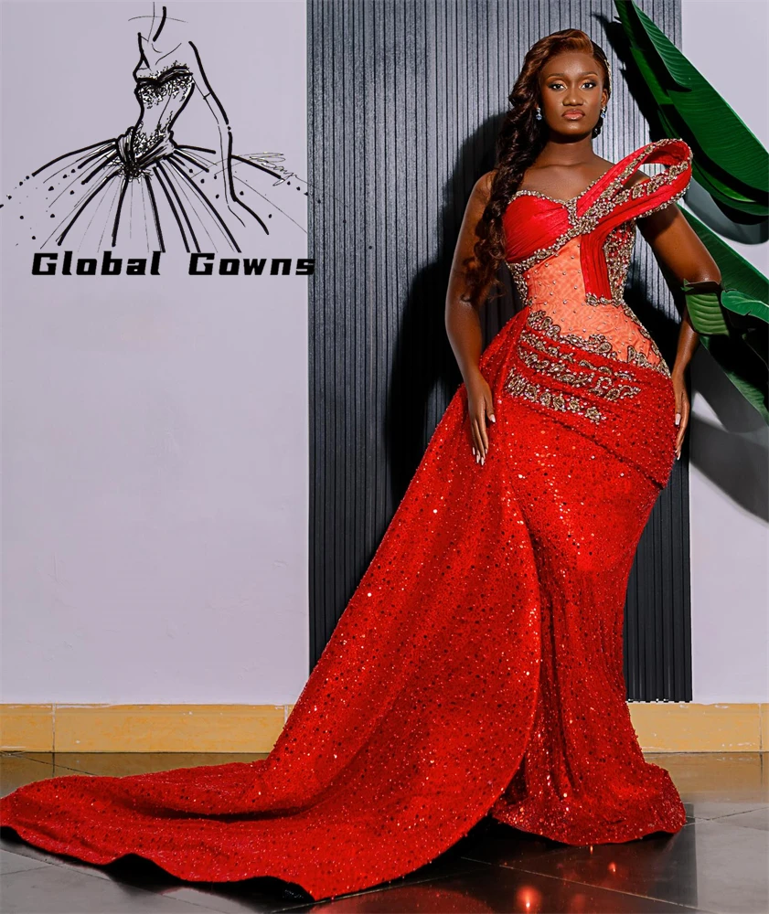 

Aso Ebi Red Strapless Pleat Evening Dress Black Girl Bead Crystal Birthday Luxury Dress Sequin Formal Gown Side Train Customized