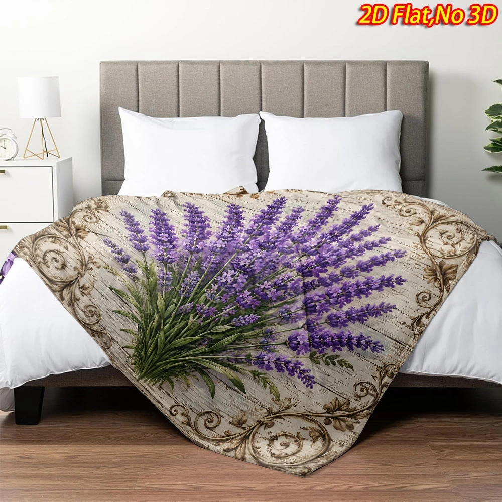 Vintage Purple Lavender Bouquet Retro Wood Scroll Frame Flannel Throw Blanket Warm Cover For Sofa Farmhouse Floral Decor Gift