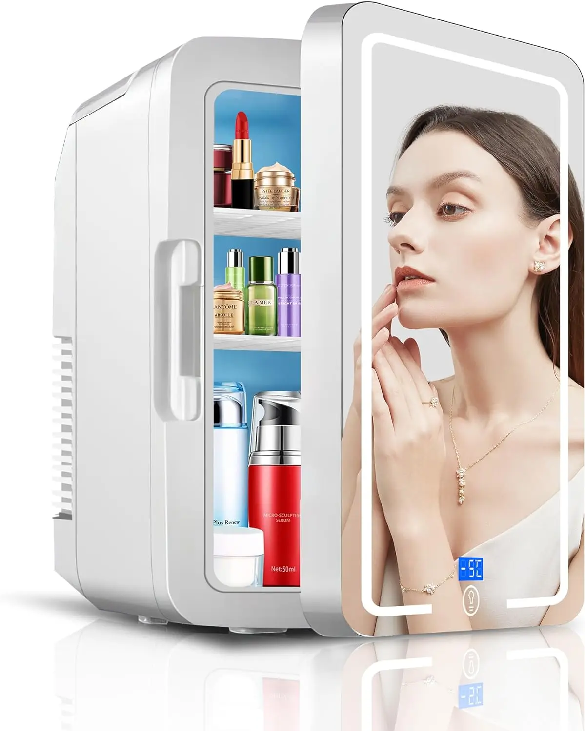 

Mini Fridge 12L Skincare Fridge Compact Small Makeup Refrigerator with Dimmable LED Light Mirror Digital Display Cooler and War