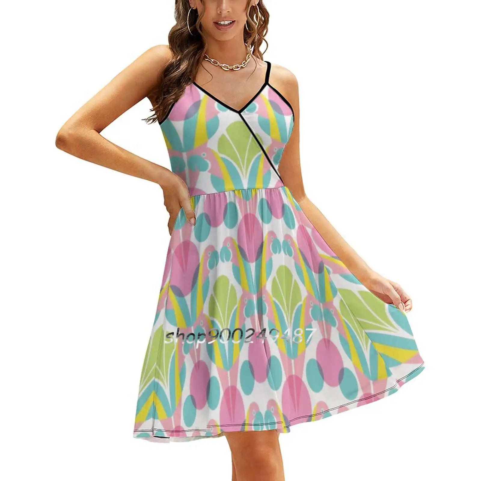 

Pink Macaw New Summer Cut Sexy Dresses Ladies Club Wear Party Sundresses Pattern Tropical Bird Macaw