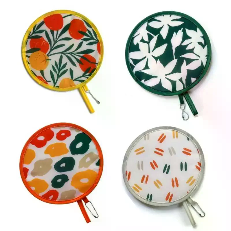 Foldable Round Hand Fan Cute Bright Color Print Portable Hanging Chain Lightweight for Women Girls Outdoor Shopping Use