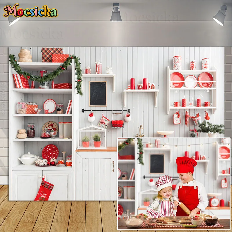 

Christmas Modern Kitchen Photography Background White Cabinets Wood Wall Cook Decor Kids Birthday Portrait Backdrop Photo Studio
