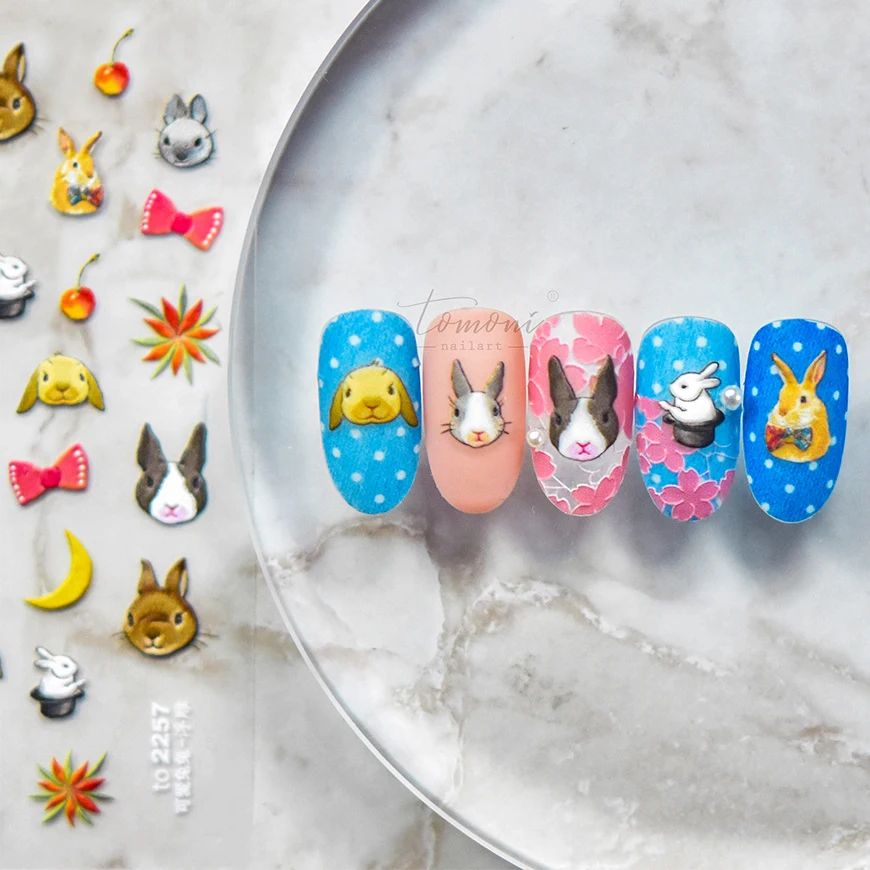 Autocollant Nail Art pour la décoration des ongles, décalcomanie de manucure, lapin, lune, nœud papillon, perle, lapin, chat, fleur, chien, ours, INS