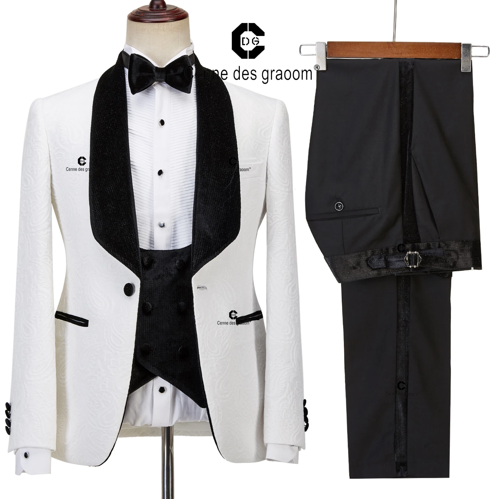 Cenne Des Graoom Latest Coat Design Tuxedo Suits For Men Tailor-Made Shawl Velvet Lapel 3 Pieces Blazers Vest Trousers Wedding