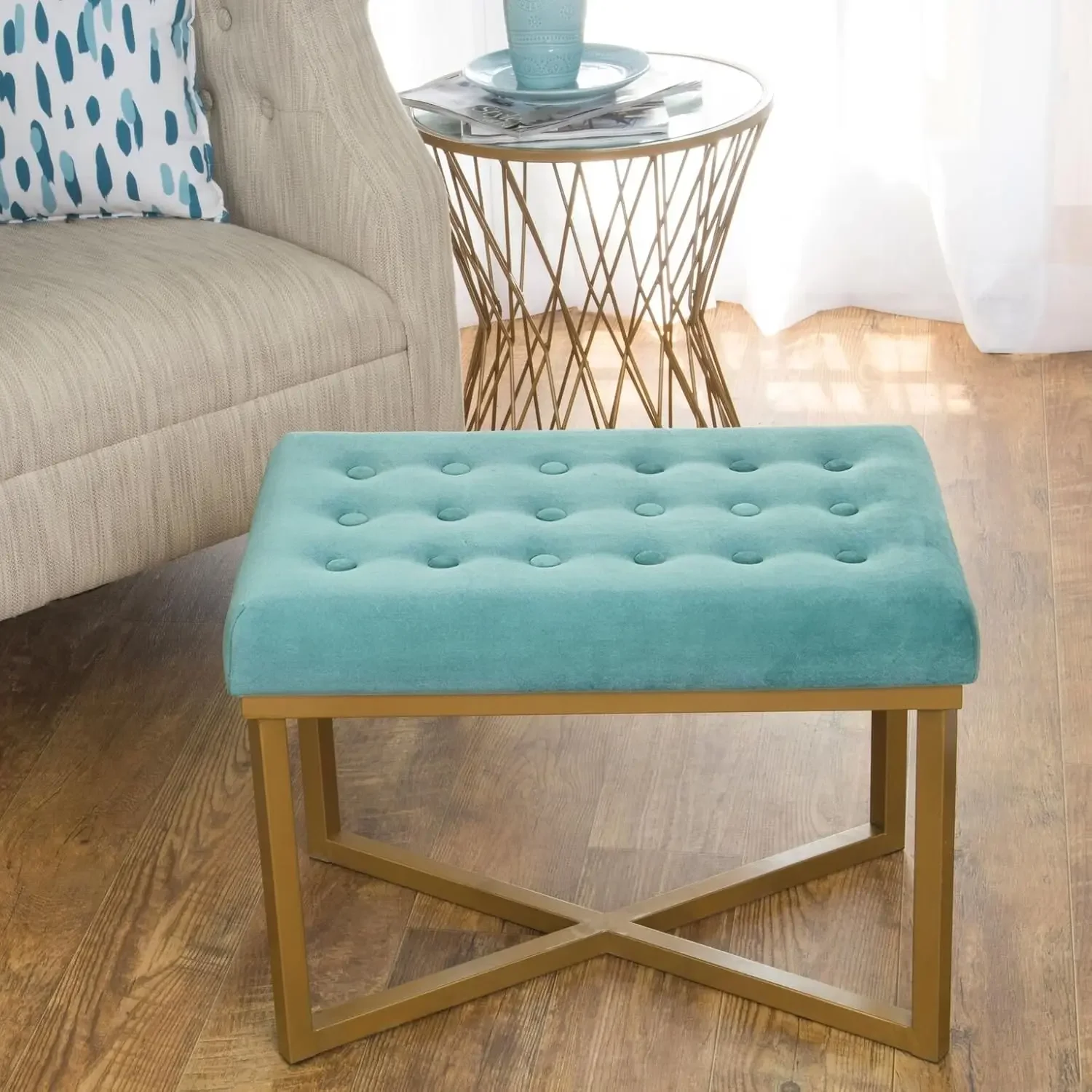 Home Decor | Upholstered Tufted Velvet Ottoman Bench | Ottoman Bench for Living Room & Bedroom, Teal 24 x 16 x 17-1/2 in