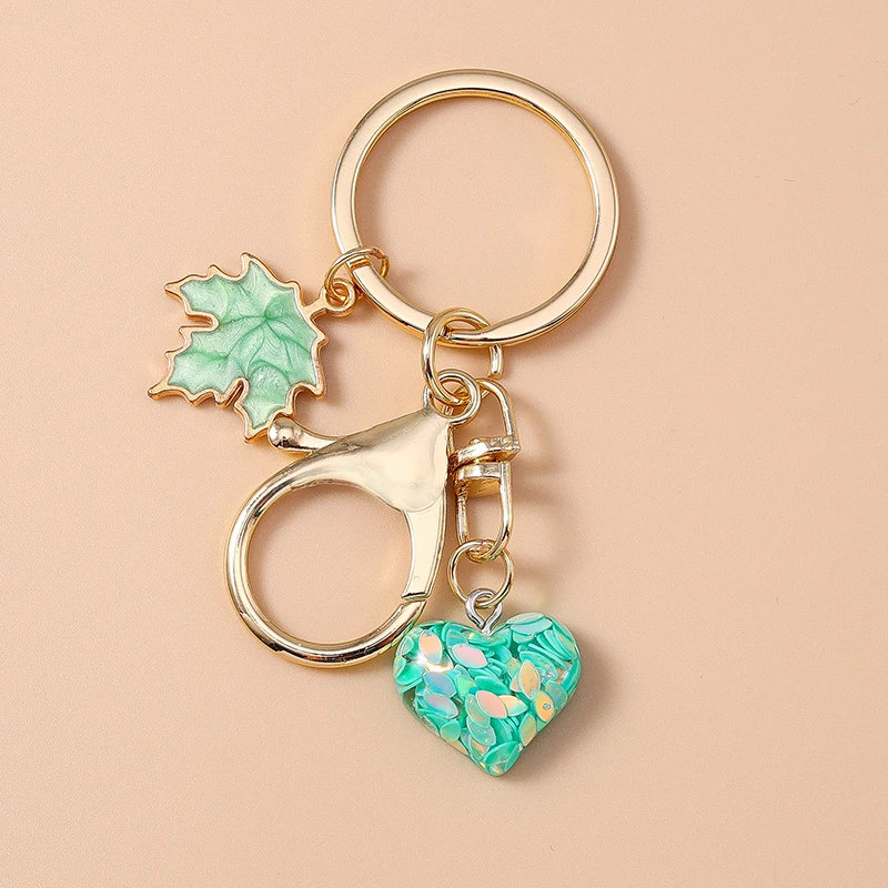 Cute Love Heart Keychain Enamel Plant Maple Leaf Pendant Key Rings for Women Men Car Key Handbag Key Chains DIY Accessories