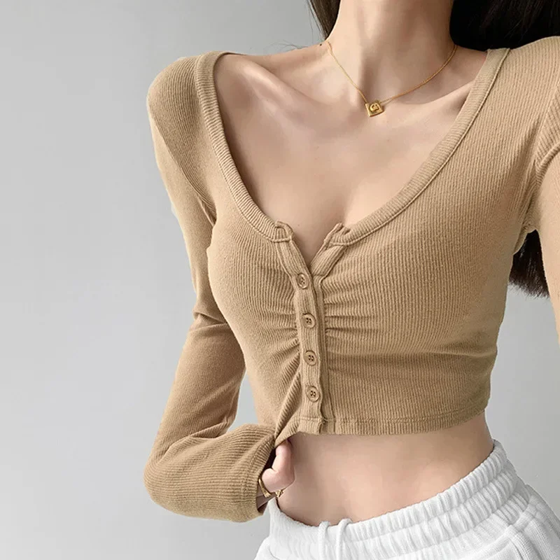 

Navel Bottoming Shirt Tight Short Cardigan Large Neckline Solid Color Long-sleeved T-shirt High Waist Slim Knitted Top Sweater