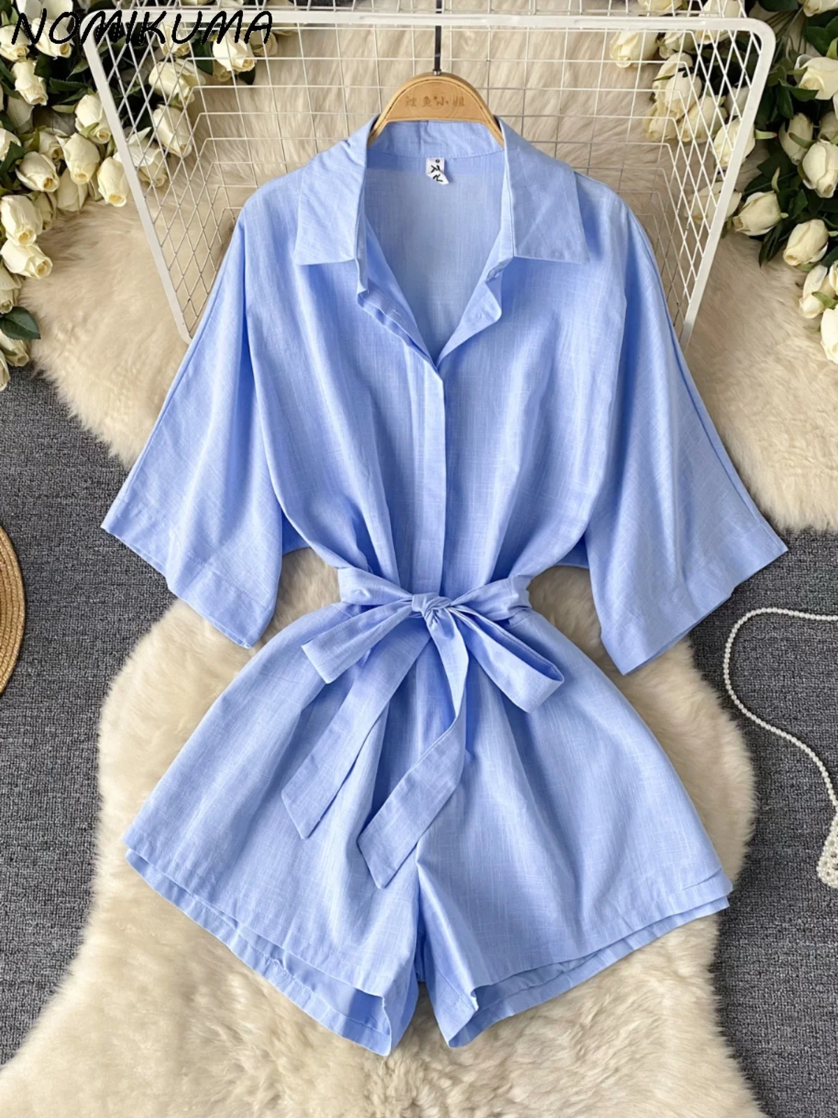 

Nomikuma 2024 Korean Niche Shirt Jumpsuit for Women's Casual Fashion Solid Color Versatile Waist Strap Wide Leg Shorts Bodysuits